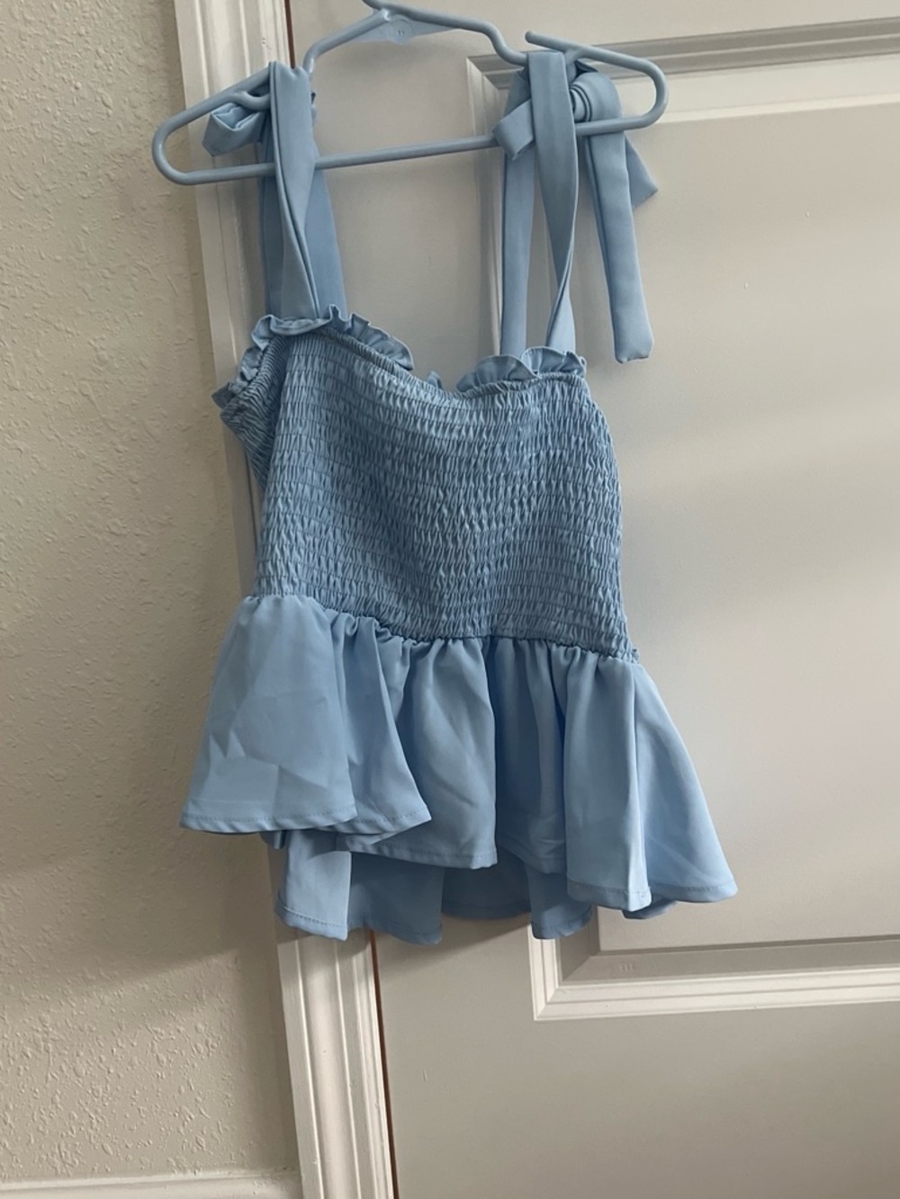SHEIN Light Blue Smocked Tie-Strap Peplum Tank